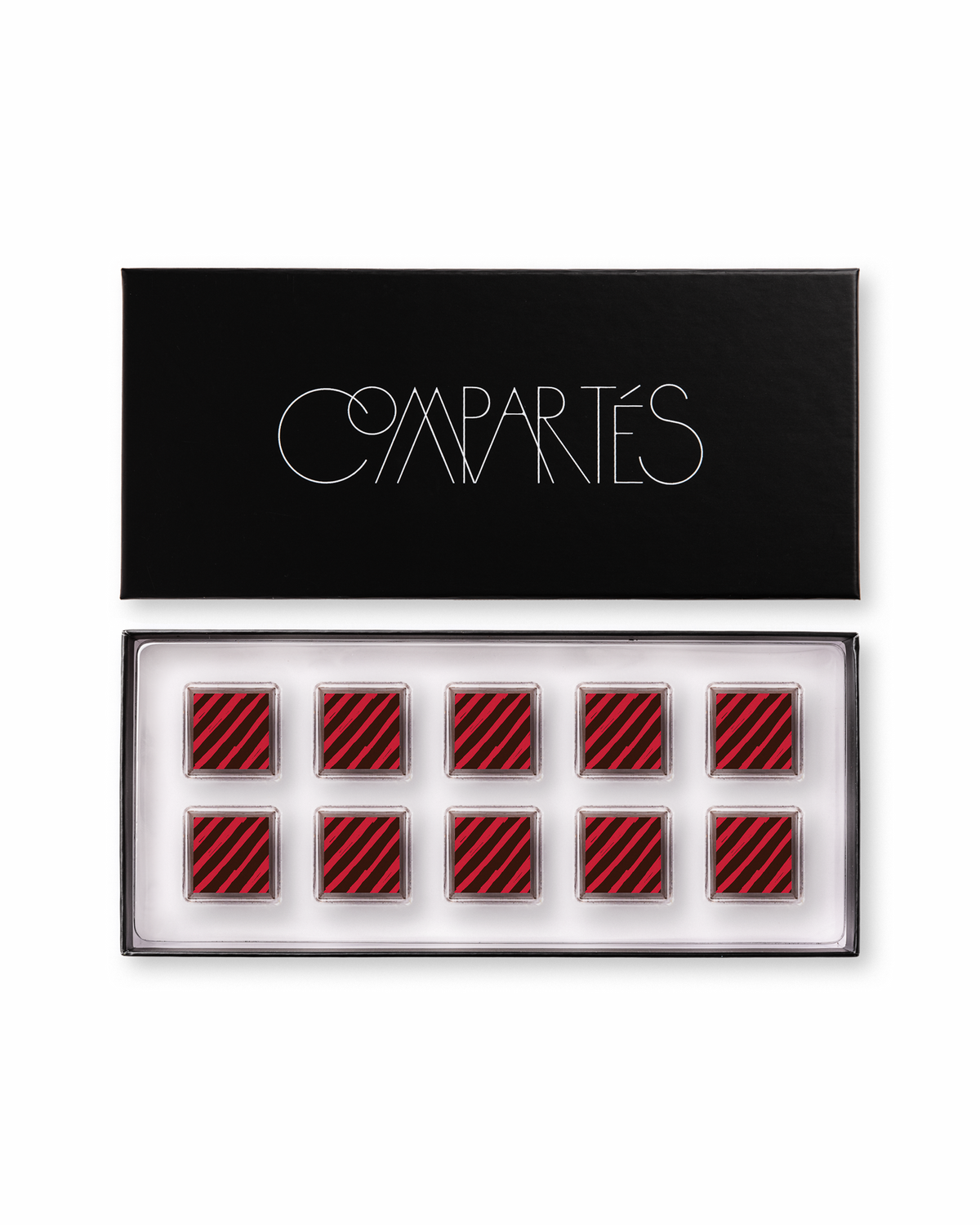 Compartes luxury original dark chocolate truffles gift box, squares in deep red and black diagonal stripes
