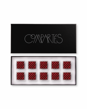 Compartes luxury original dark chocolate truffles gift box, squares in deep red and black diagonal stripes