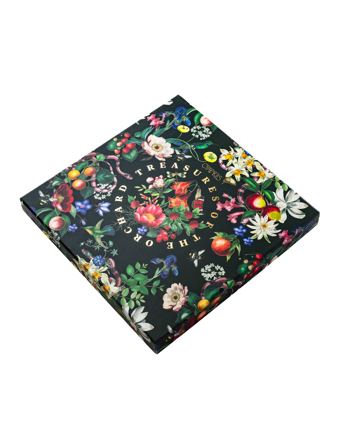 Compartes luxury treasures of the orchard chocolate fruit gift box, dark floral lid with gold lettering