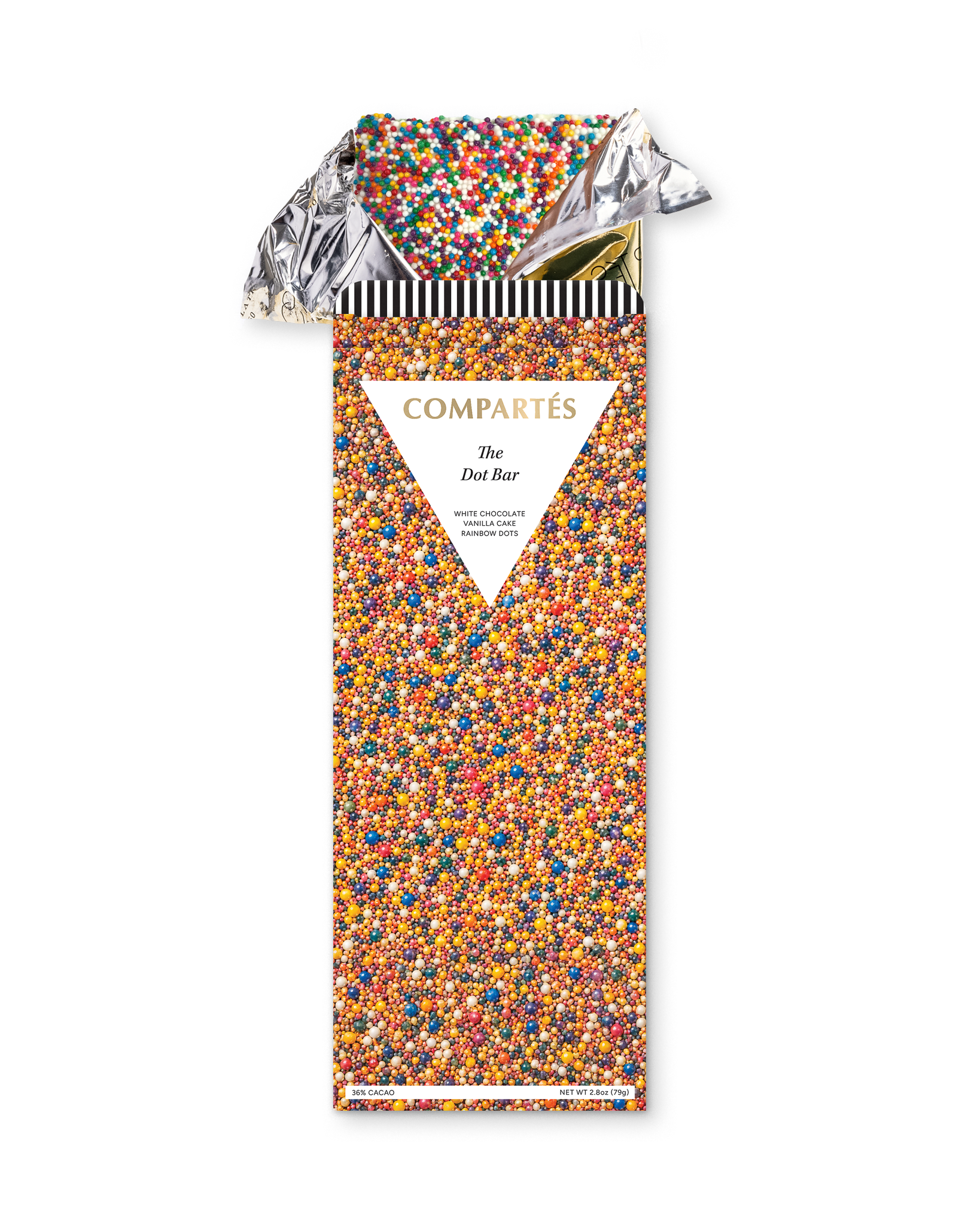 Compartes gourmet vanilla cake and dots chocolate bar, gold and coral dot wrapper, chocolate gift.