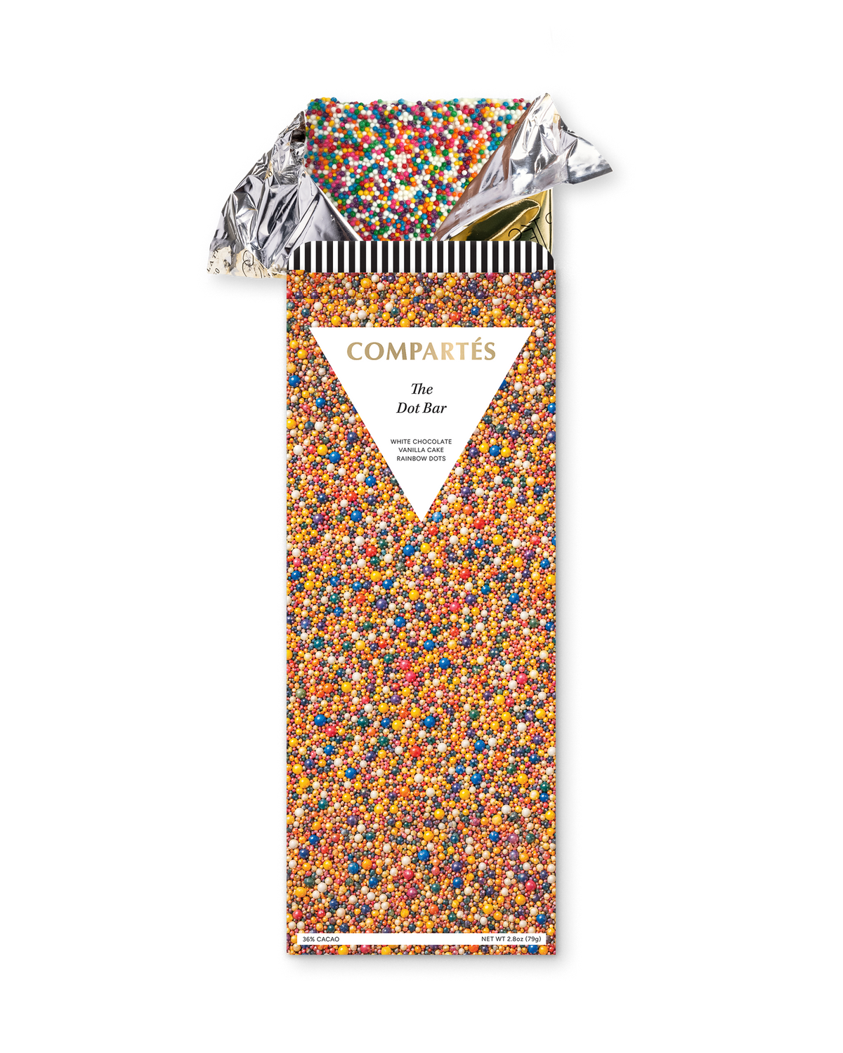 Compartes gourmet vanilla cake and dots chocolate bar, gold and coral dot wrapper, chocolate gift.