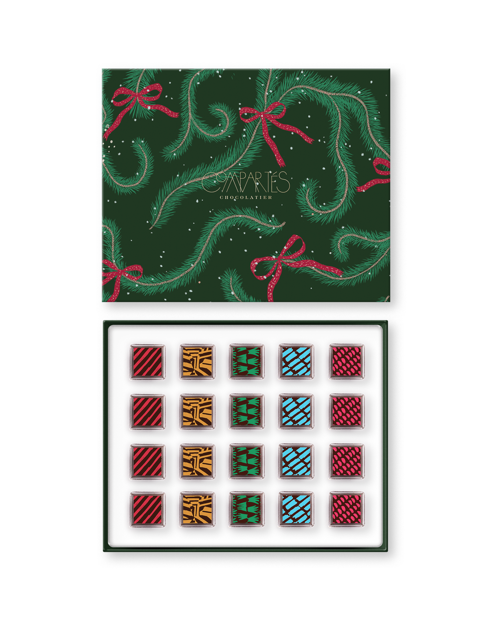 Compartes best Vegan chocolate truffles in a green pine print gift box, squares in rich red, gold and teal patterns