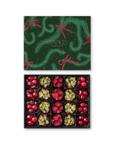 Compartes gourmet Vegan Christmas chocolates, dark chocolate clusters with cranberries and kiwi, pine print gift box