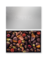 Compartes world's best chocolate dipped fruit gift box, orange, apricot and strawberry under a silver lid